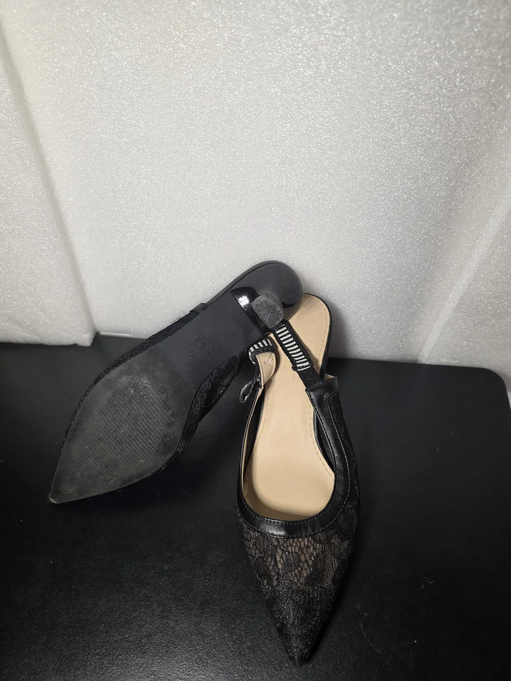 Black Lace Pointed Slingback Flats with Bow Accent